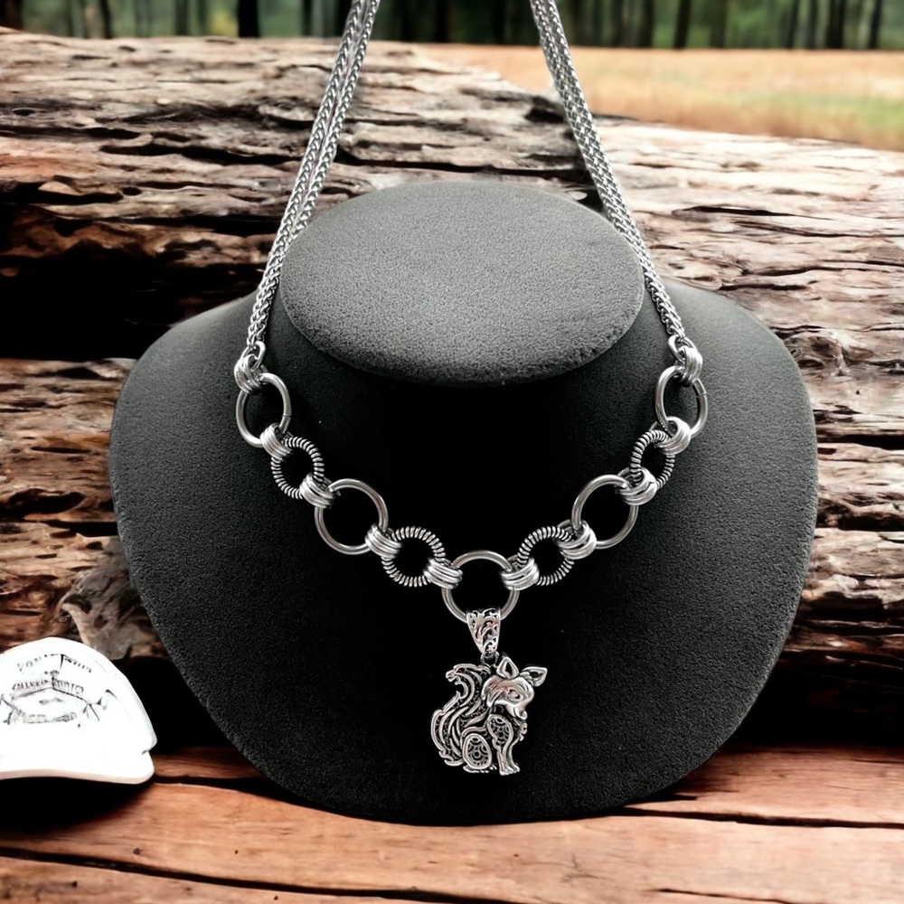 Handmade maille stainless steel necklace double wheat chain + fox design charm - Picture 10 of 15
